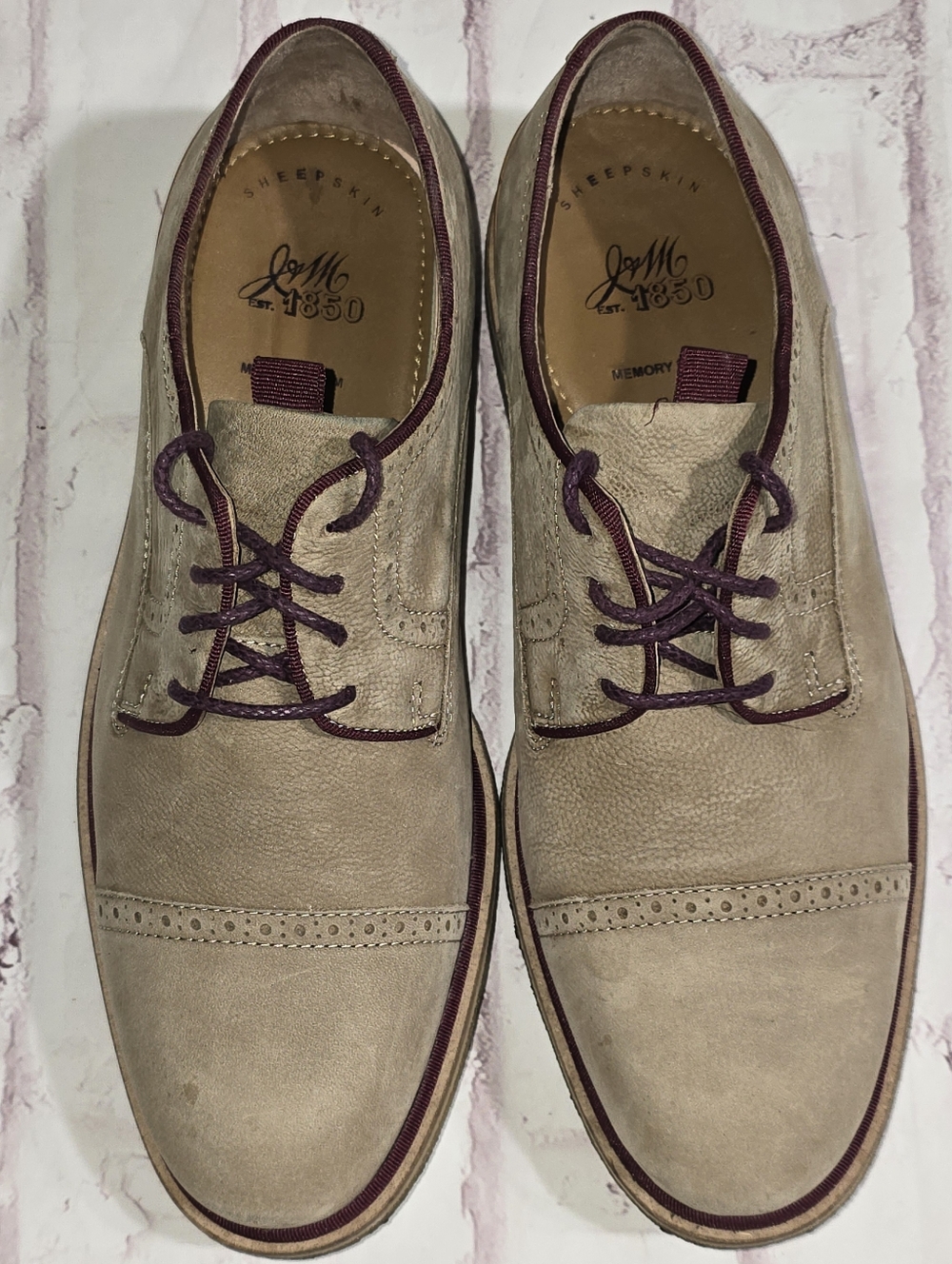 Johnston & Murphy Taupe Oxfords with Burgundy Accents